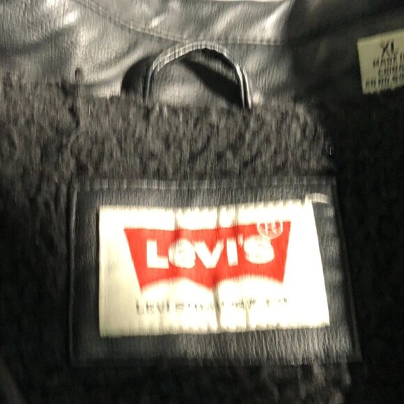 Levis Mens Moto Faux Leather Jacket XL Fauc Fur Black Insulated Collared Snap - Picture 15 of 16